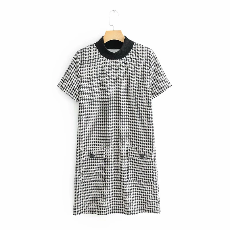 

2019 Women Spring Gray Swallow Gird Print Za Dress Womens Short Sleeve Vintage Mini Dresses Female Knit Turtleneck Fashion Dress