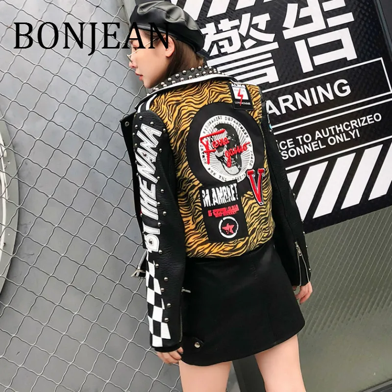 BONJEAN Casual Autumn Outerwear 2018 Rivet Decoration Black Jacket for Women Leopard Pattern PU Leather Jackets & Coats BJ183 BONJEAN Casual Autumn Outerwear 2018 Rivet Decoration Black Jacket for Women Leopard Pattern PU Leather Jackets & Coats BJ183