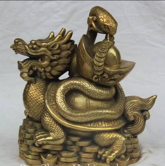 

free 12" China Brass Feng Shui Dragon Turtle Snake Money Wealth Lucky Sculpture fast
