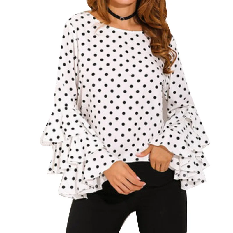 NIBESSER модная женская блуза в горошек с расклешенными рукавами и круглым вырезом, шифоновые рубашки с длинным рукавом, женские топы, Корейская белая черная блузка 5XL - Цвет: white