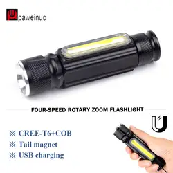 Многофункциональный светодио дный фонарик USB Перезаряжаемые мощный аккумулятор T6 факел сбоку света удара дизайн фонарик хвост Магнит WorkLight