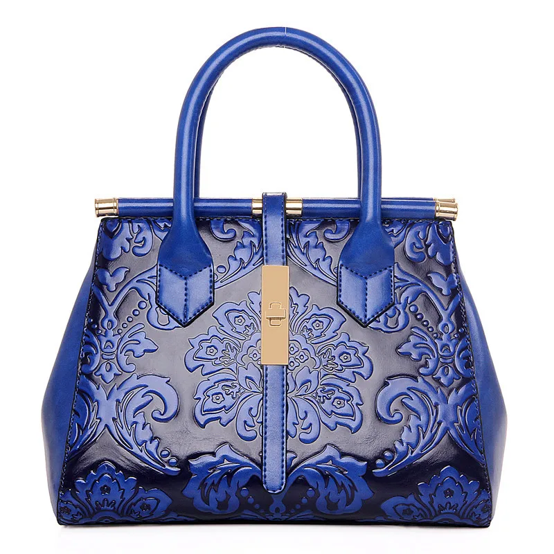 Модная женская сумка из тисненой кожи в китайском стиле, качественная кожаная женская сумка, винтажная сумка через плечо, женская сумка - Цвет: blue