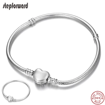

STEP FORWARD Real 100% 925 Sterling Silver Handmade Good Quality Heart Shape Clasp Design 14-22 cm Basic Snake Chain Bracelet