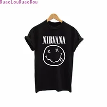 NIRVANA Cartoon Smiling Face Letter Printing Cotton Women Black T shirt Short Sleeve Summer Fashion Tops