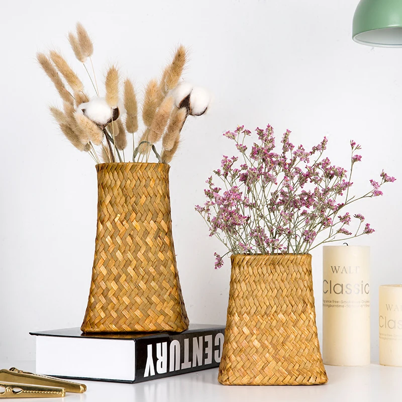 Ротанга морских водорослей стол корзина для хранения в скандинавском стиле короткие сухой цветочный горшок для хранения корзина-ваза Органайзер Декор для дома