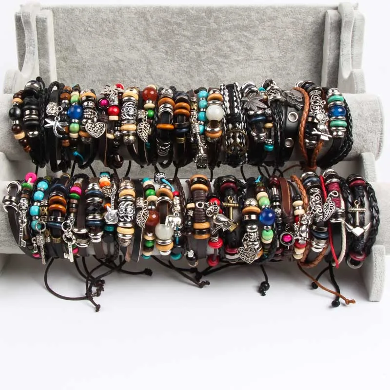 Wholesale bulk 50 pieces / batch mixed style metal leather retro bracelet men and women suitable for simple versatile jewelry