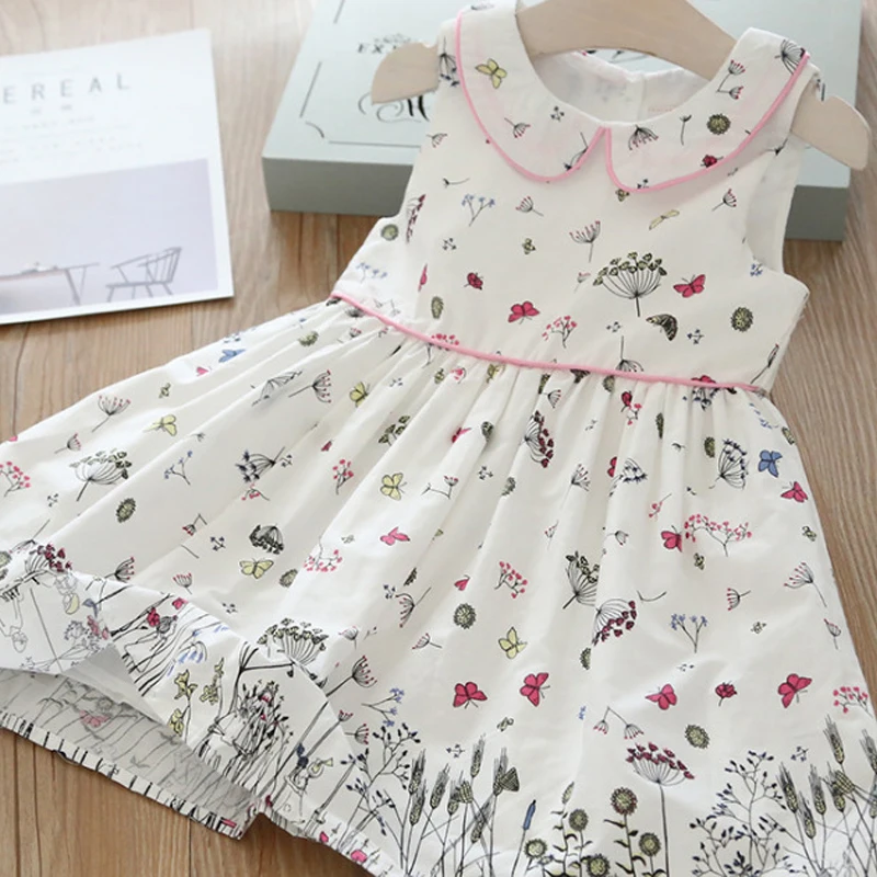 Girls Dresses 2020 Spring New Children's Clothing Sweet Doll Collar Dandelion Flower Print Sleeveless Simple Vest Dress | Детская