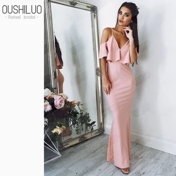 

Sexy Pink Mermaid Long Formal Evening Dress Gown 2019 Spaghetti Strap Off Shoulder Ruffles Floor Length Prom Dresses Custom Made