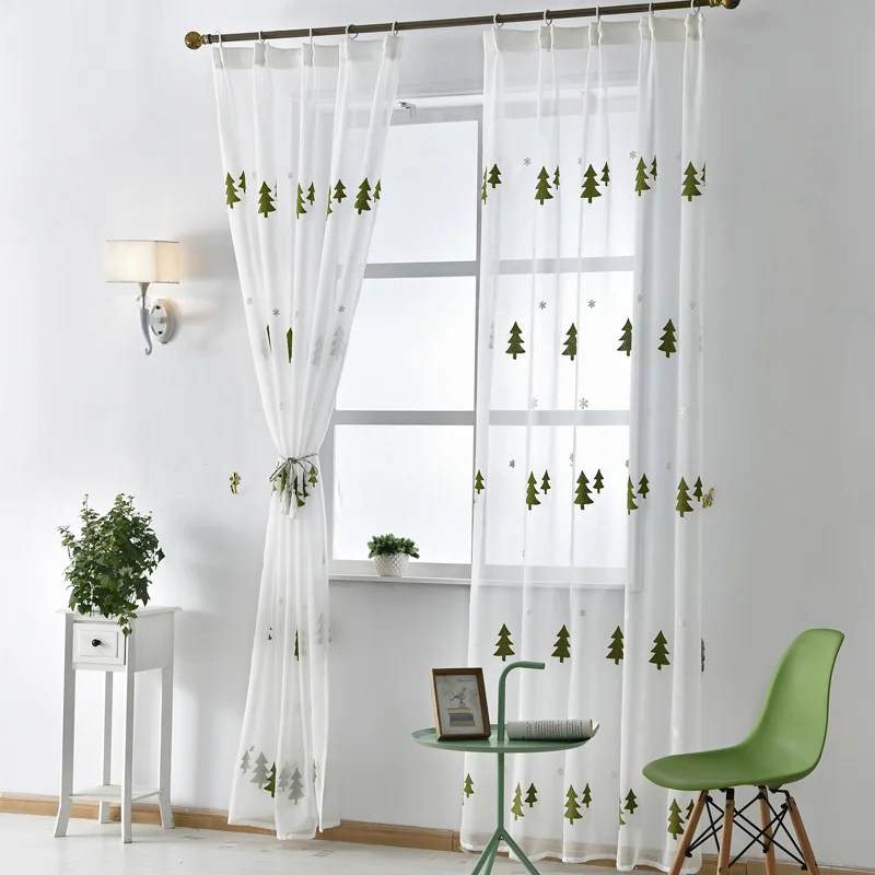 Современные шторы из вуали с вышивкой на окно, для гостиной, из льна, дерева, белого цвета, для рождества, занавески, тюль, отвесное окно
