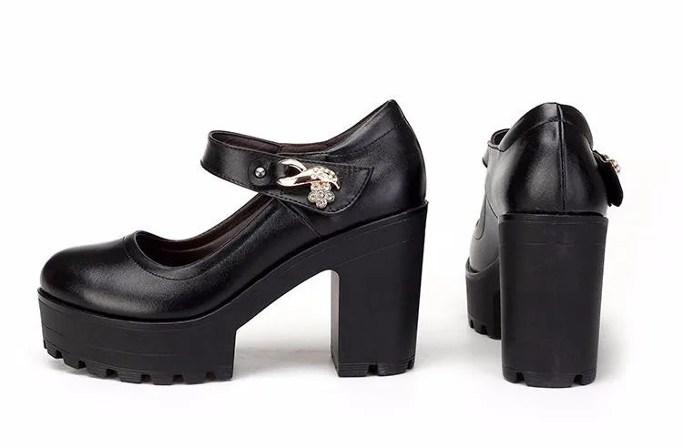 Качество Ремешок на щиколотке из натуральной кожи женская кожаная обувь на высоком толстом каблуке офисная обувь на квадратном каблуке, обувь для работы Для женщин Лодочки на платформе N7