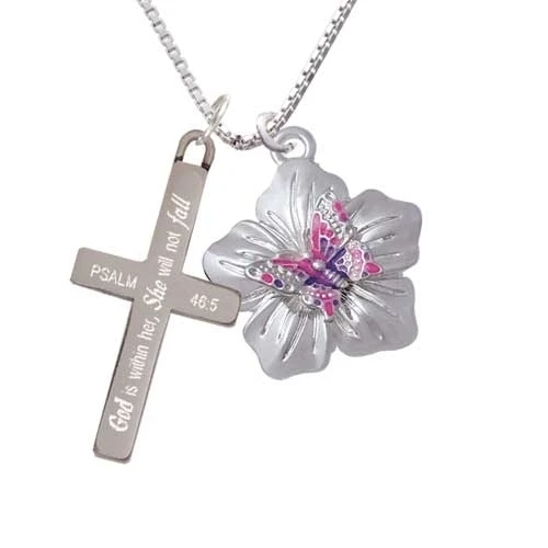 Pink & Purple Butterfly on Large Flower - She will not Fall - Cross Necklace (1)