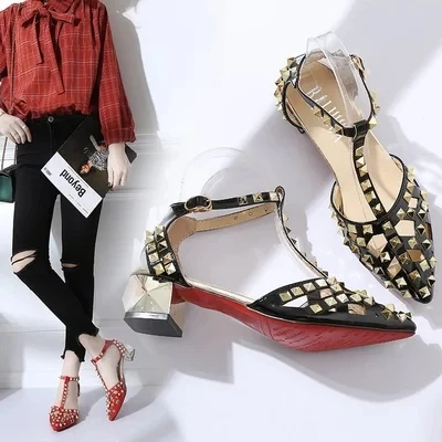 

2018 Brand designer sandals rivet gladiator Red bottom women summer low Square heels shoes T type clasp