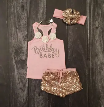 

US STOCK Baby Girl Tops T shirt with Sequin Shorts Pants Outfits Clothes Sunsuit printed letter T Shirts with the headband