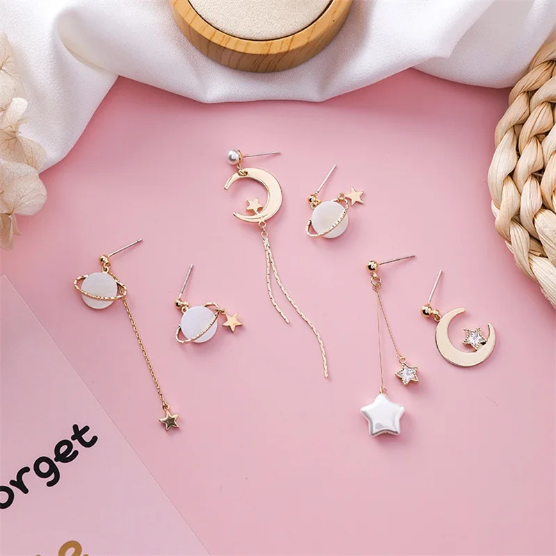 

Korea Temperament Pearl Shell Stars Moon Planet Asymmetric Pendant Earrings Trendy Temperament Women Earrings Jewelry Gift