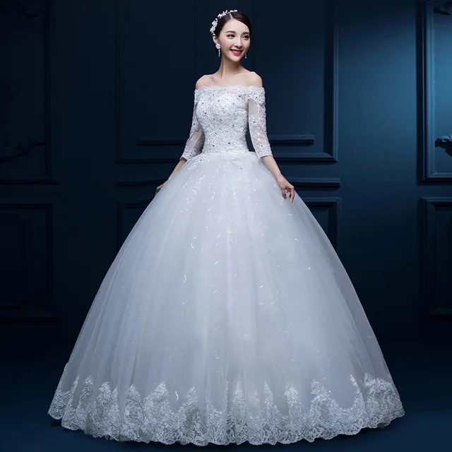 Buy White Three Quarter Sleeve Bridal Dresses Lace