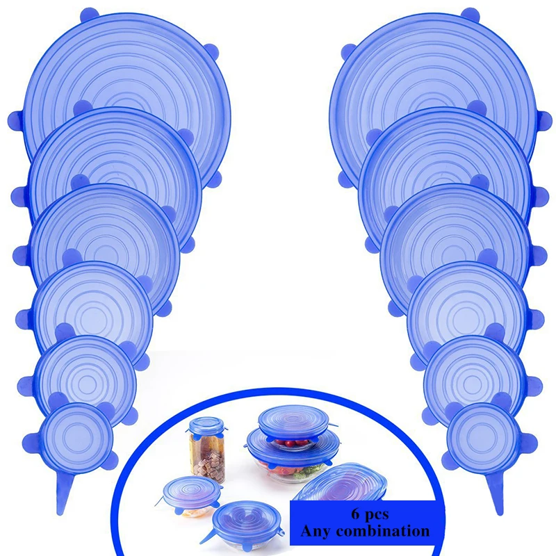 6 шт./партия, многоразовая силиконовая пищевая обертка, универсальные Эластичные крышки, мульти размер, вакуумное уплотнение, всасывающая крышка, уплотнитель, чаша, кастрюля, кастрюля, крышка-чаша