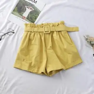 Новинка, летние популярные женские шорты, повседневные хлопковые шорты с высокой эластичной талией и поясом, модные женские облегающие черные шорты, 5 цветов - Цвет: yellow