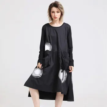 

2018Fall dress polka dot loose asymmetrical dress female fashion one piece dress big pocket split end plus size casual vestidos