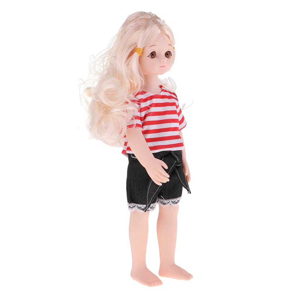 Lovely 14inch Soft Vinyl Flexible Jointed Doll Princess Girl Doll Blonde Hair Glass Eyes in Striped T-shirt and Short Pants