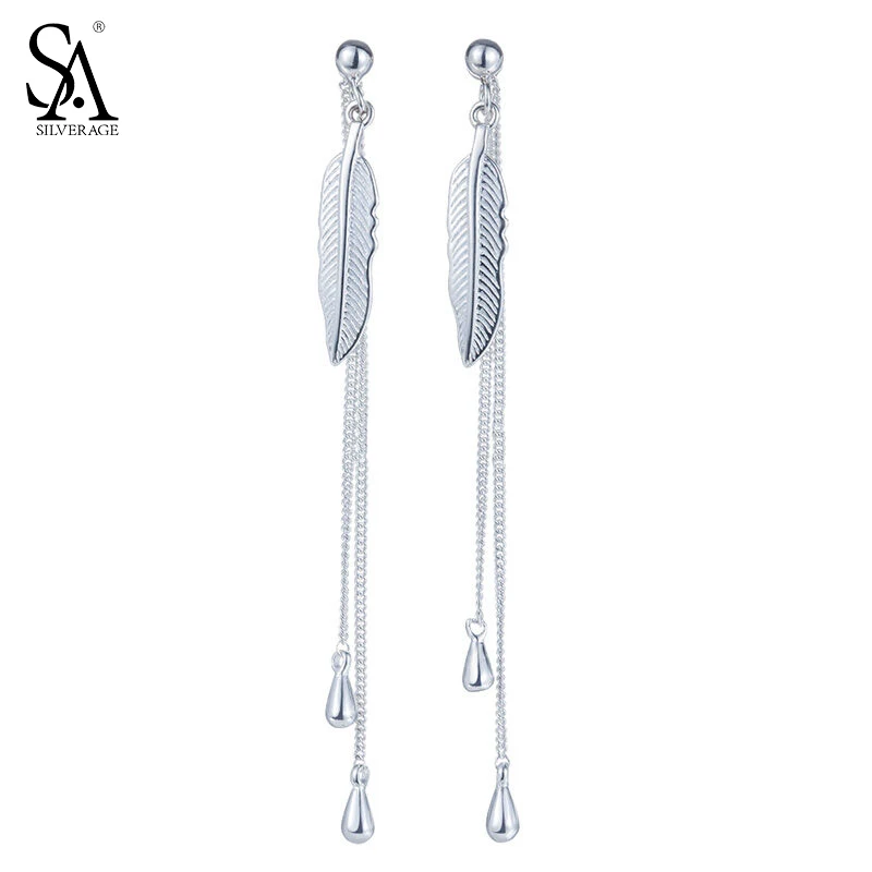 

SA SILVERAGE 925 Sterling Silver Drop Earring for Women Fine Jewelry Long Feather Tassel Sterling Silver Jewelry Wedding Earring