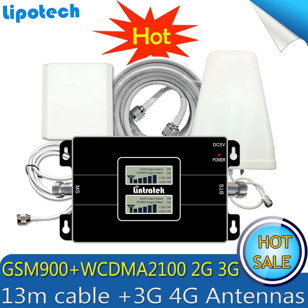 

Lintratek 3G WCDMA 2100MHz GSM 900Mhz Dual Band Mobile Signal Booster GSM 900 2100 UMTS Signal Repeater Amplifier 4G Antenna