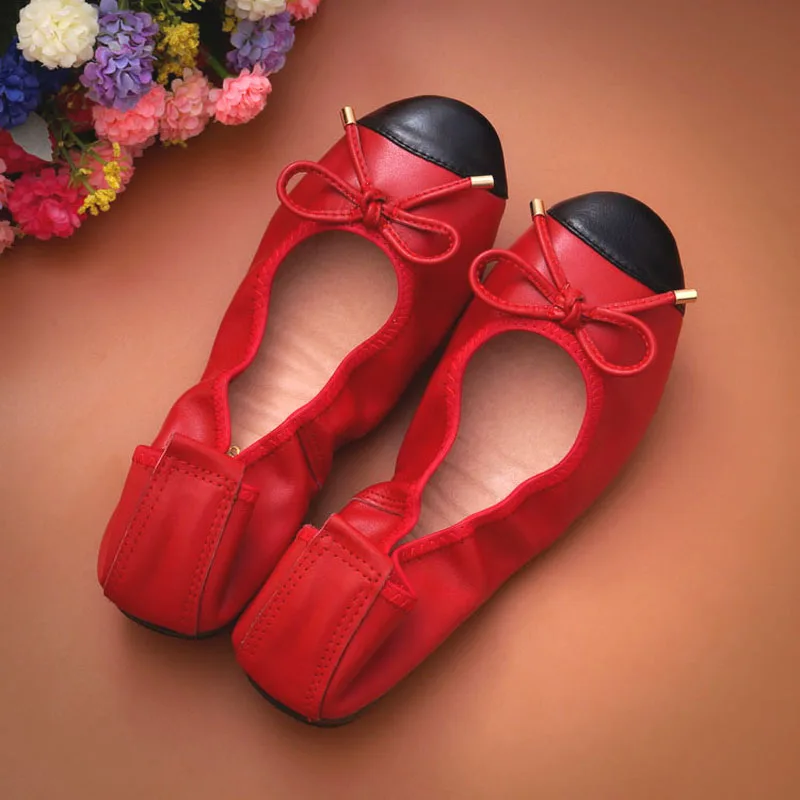Женская обувь на плоской подошве из натуральной кожи новые Стиль женская обувь Женские туфли-лодочки закрытым balerinas Обувь для Женская обувь, Большие размеры - Цвет: Red K09