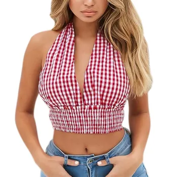 

2018 Halter Backless Plaid Women's Tops Vest Cotton Casual Short Top Female Camis Fashion Crop Top Women Clothing F1