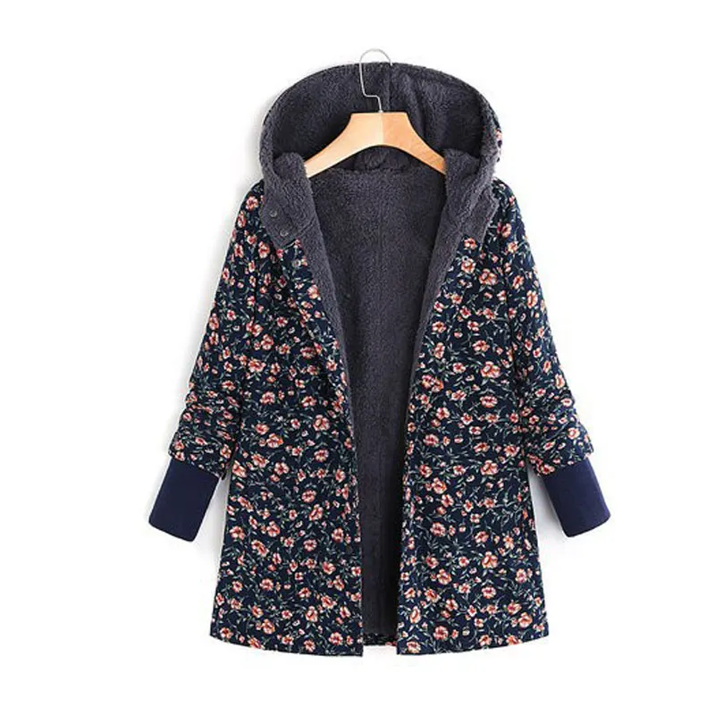 Винтажная Женская хлопковая льняная куртка, пальто, M-5XL, плюс размер, флисовые пальто с капюшоном, осень зима, цветочные кнопки печати, верхняя одежда