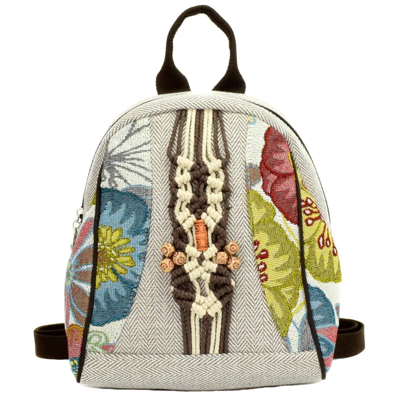 2021 New Retro Woman Backpack Female Shoulder Bag Pure Hand-woven Cotton Linen Small Rucksack Ancient Bag Student School Bags