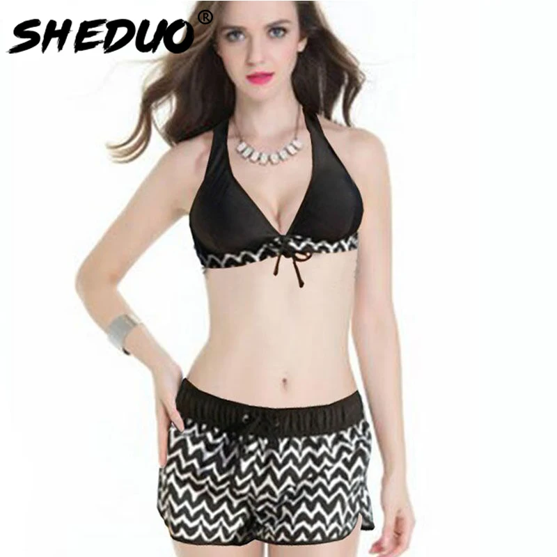 

2017 New Arrival Conservative Swimwear Halter Bandage Bathing Suit Geometric Striped Two-piece High Waist Swimsuit