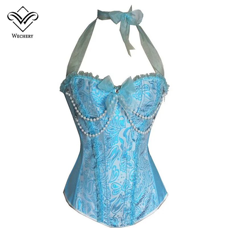 

Wechery Sexy Corset Pink Blue Burlesque Corselet Corsets and Bustiers Bodice Sexy Lingerie Beaded Halter Overbust Bustier