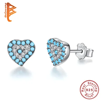 

BELAWANG 2019 New Fashion Blue Crystal Lucky Eye & Love Heart 925 Sterling Silver Stud Earrings for Women Christmas Jewelry Gift