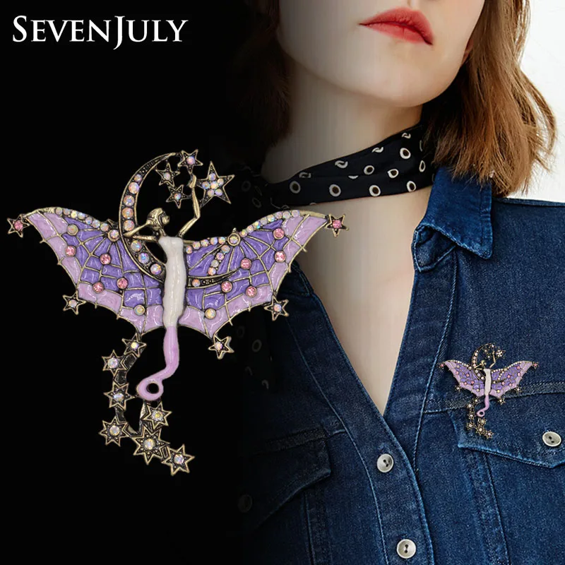 

Antique Style Myth Moon Goddess Fairy Enamel Brooch Metal Stars Crystal Rhinestone Bat Wings Pin Unisex Clothing Fashion Jewelry