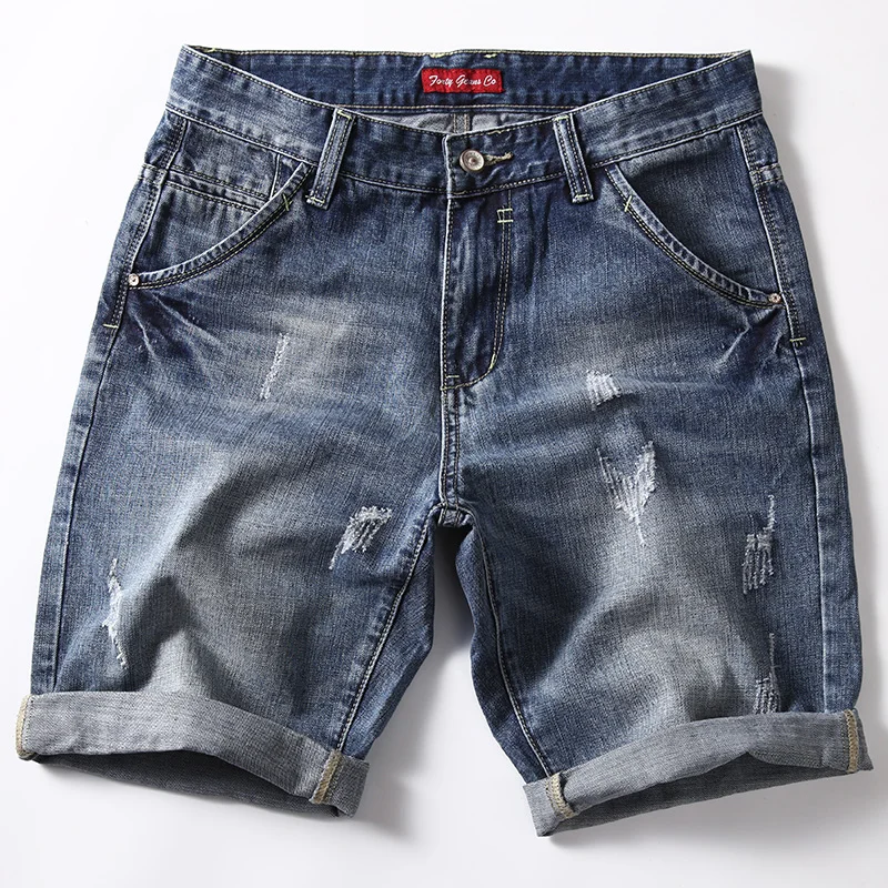 

SHANBAO 2019 summer new style hole fashion casual men straight loose denim shorts cotton thin section large size brand shorts