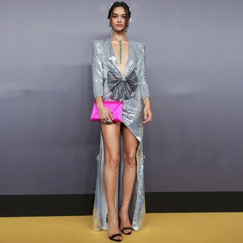 

Seamyla Luxury Silver Sequined Dress Runway Long Sleeve Sexy Bodycon Celebrity Party Dresses Vestidos 2020 Clubwear Long Dress