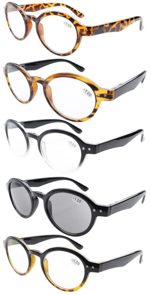 R070 Eyekepper 5 штук в партии; Пружинные шарниры круглые очки для чтения, в стиле ретро включают в себя от солнца для чтения+ 0,00-+ 4,00