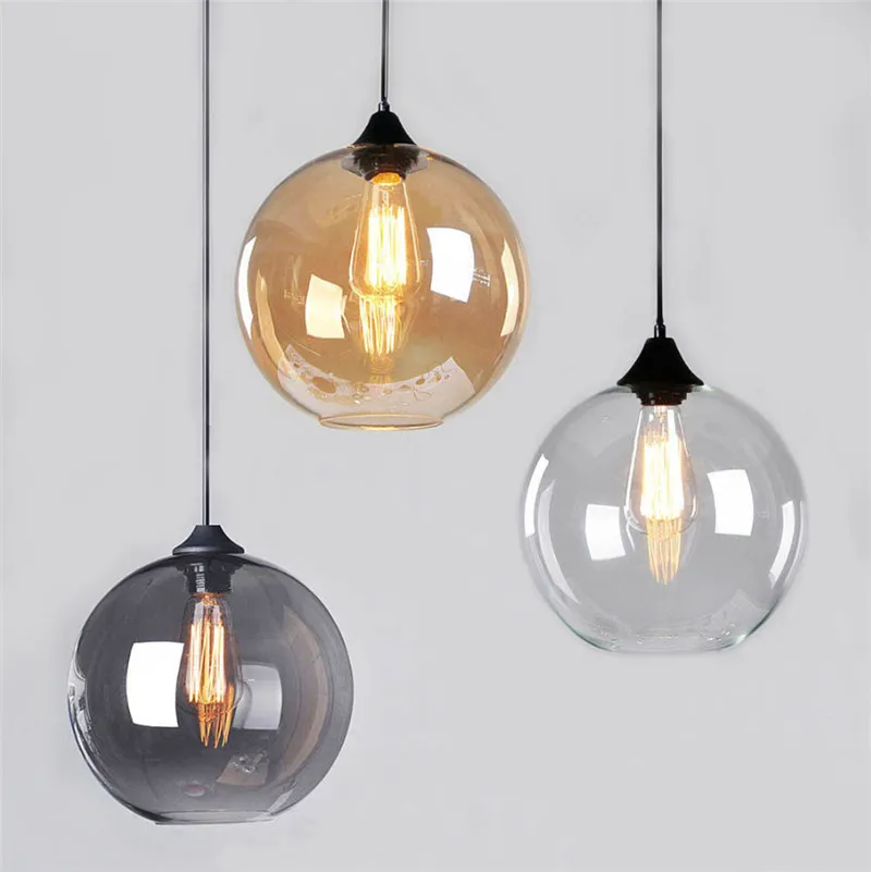 Huahan Haituo Glass Pendant Light Vintage Industrial Metal Finish Clear Glass Ball Round Shade Loft Pendant Lamp Retro Ceiling Light Vintage Lamp（Amber，20CM）