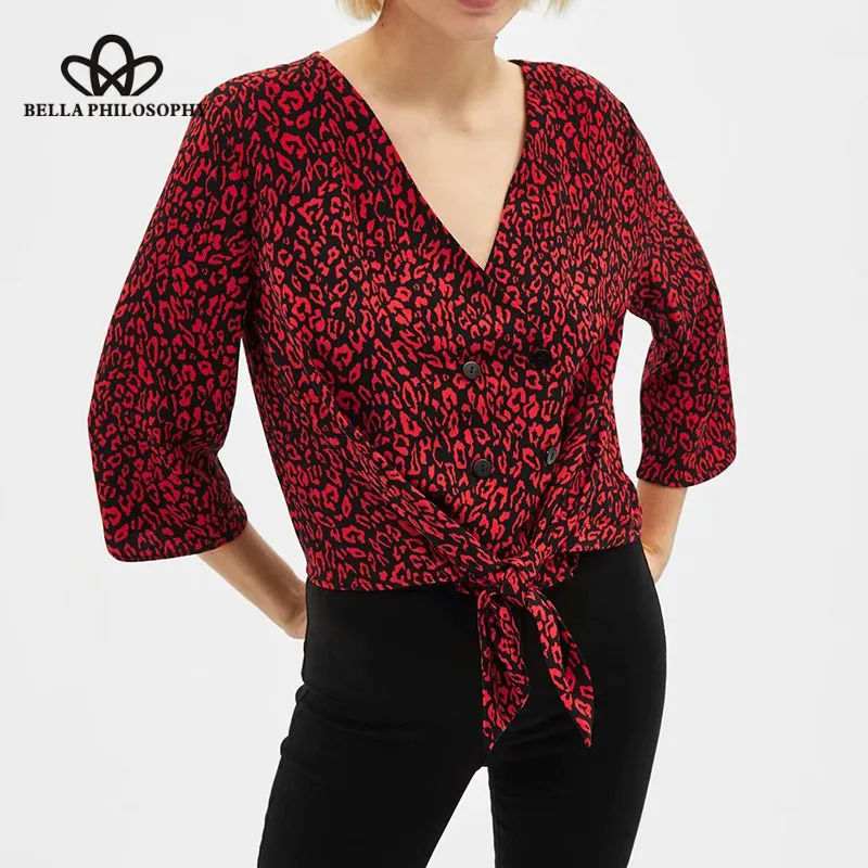 Wonder New Spring Three Quarter Leopard Blouse Vintage Lace-Up Female V-Neck Blouse Animal Print Lady Casual Blouse Tops 2019