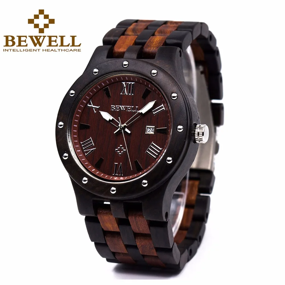 

Bewell Luxury Wooden Men's Watch Large Dial Calendar Quartz Wrist Watches with Luminous Hands Waterproof Relogio Masculino 109A