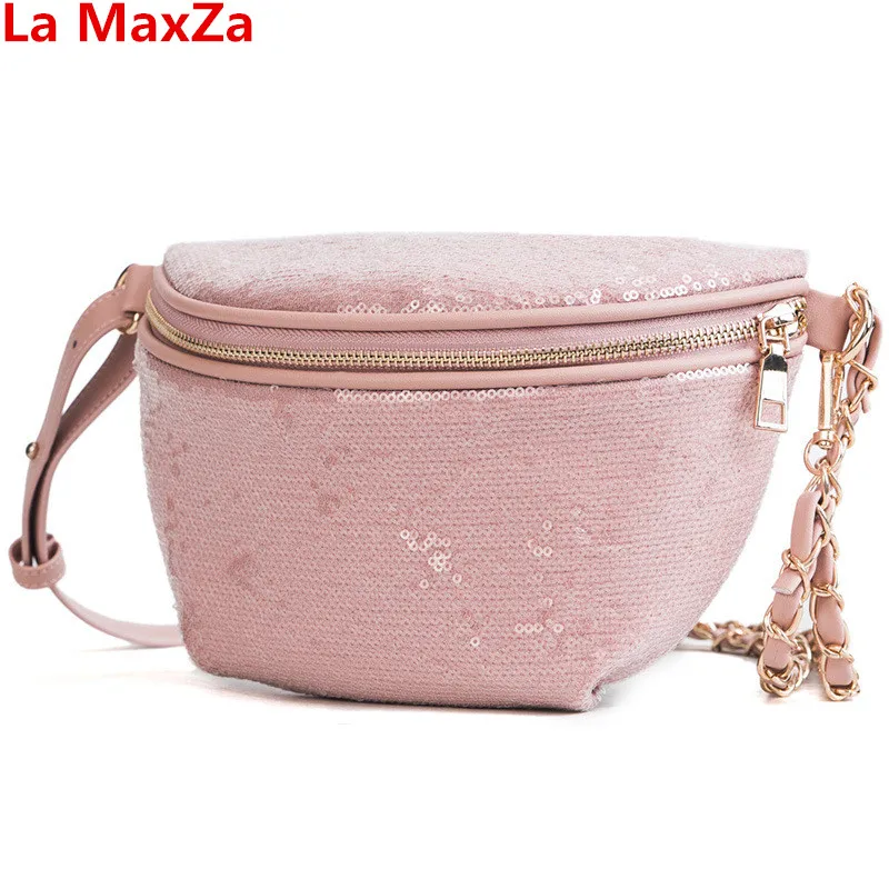 La MaxZa Fashion Sequin Designer Pink Fanny Pack Cute Women's Waist Bag Female Bum Bag Women's