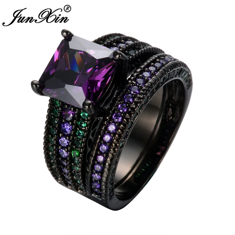 

Top Quality Elegant Fashion Purple Green Ring Sets Black Gold Filled Crystal Jewelry Wedding Rings For Women RB0489