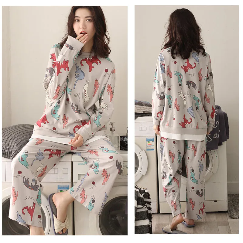 

Pajamas women spring autumn models cotton print thin section long sleeves cute loose fat large size home service sleepwear suit