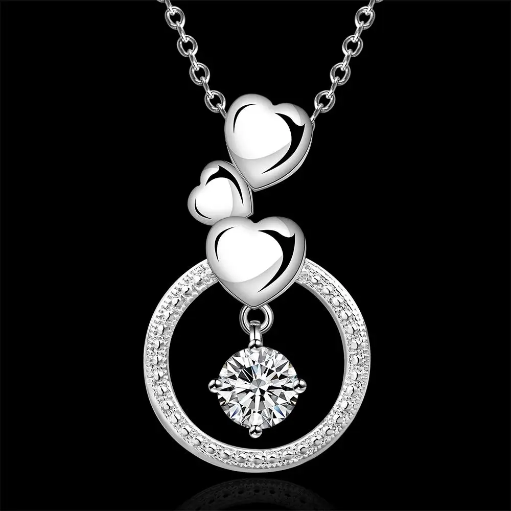 Silver Zircon Crystal Heart Round Pendant Necklace For Women 88 M8694