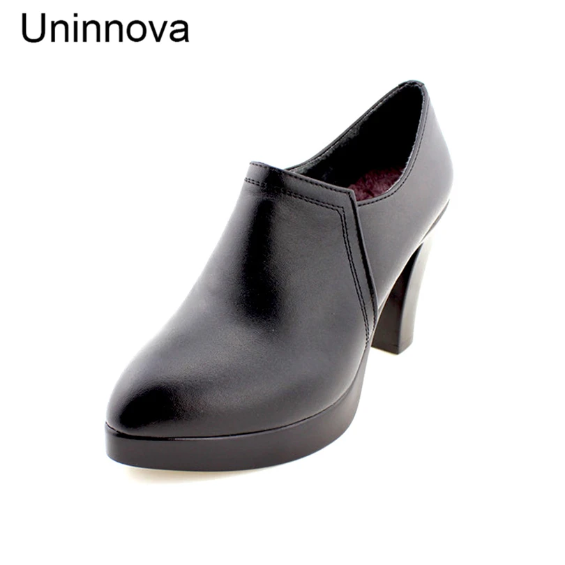 

Women's Pointed Toe Genuine Leather Office Platform Comfortable Super High Heels Winter Warm Pumps Uninnova Plus Size 43 WP083