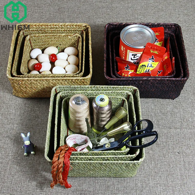 WHISM الطبيعي اليدوية سلة التخزين المنسوجة القش تخزين صناديق مكتب التحكم عن بعد الحاويات سطح المكتب الخوص التخزين المنظم