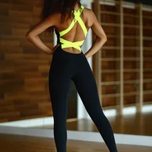 JIGERJOGER новая тренировочная форма боди танцевальный облегающий костюм Беговая атлетика неоновый желтый крест-обратно цельный комбинезон для фитнеса