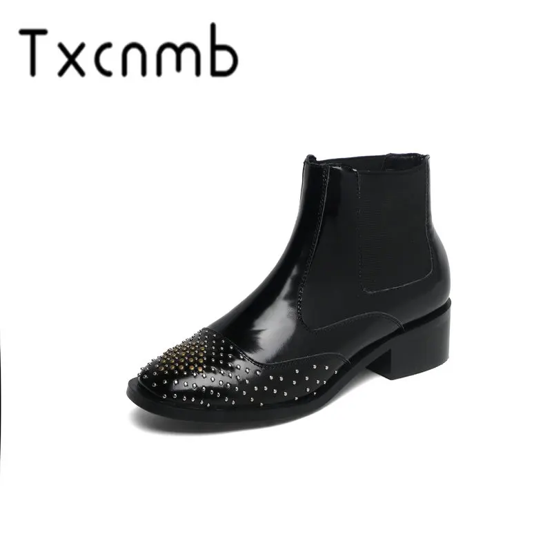

TXCNMB 2019 Boots Women Ankle Boots for Women Winter Genuine Leather Square High Heel Shoes Woman Round Toe Chelsea Boots