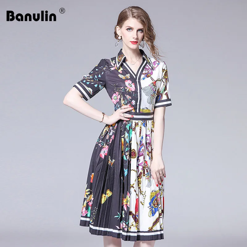 

Runway Dress Designers 2019 Summer Fashion Print Women Dress Pleated V-Neck Patchwork Slim Knee-Length Luxury Dress