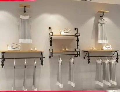Vintage clothing store display rack wall men's and women's wear solid wood shelves wall wall hanging clothes rack hangers.