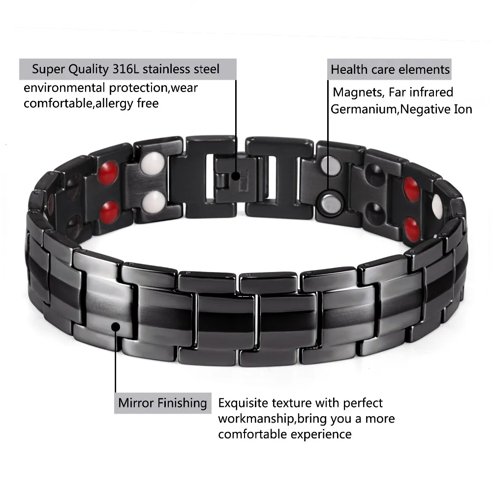 Rainso для мужчин Нержавеющая Сталь Двухрядные ели, отрицательных ионов, германий и магнитных Ele ts черный браслет био OSB-1537BK